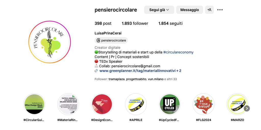 la pagina instagram di LuisaPrinaCerai , Pensiero Circolare, su instagram